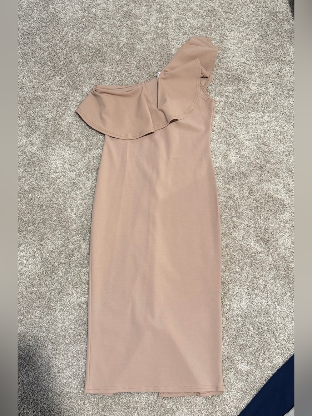 One-Shoulder Ruffle Midi Dress in Nude